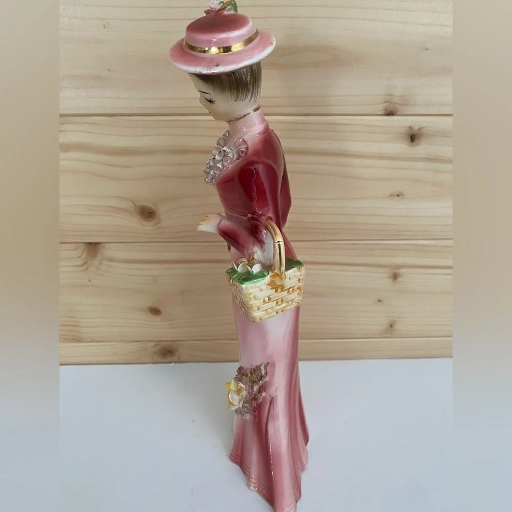 VINTAGE 10” Tall Victorian Lady Figurine Ruffled Accent Pink Dress Flower Basket